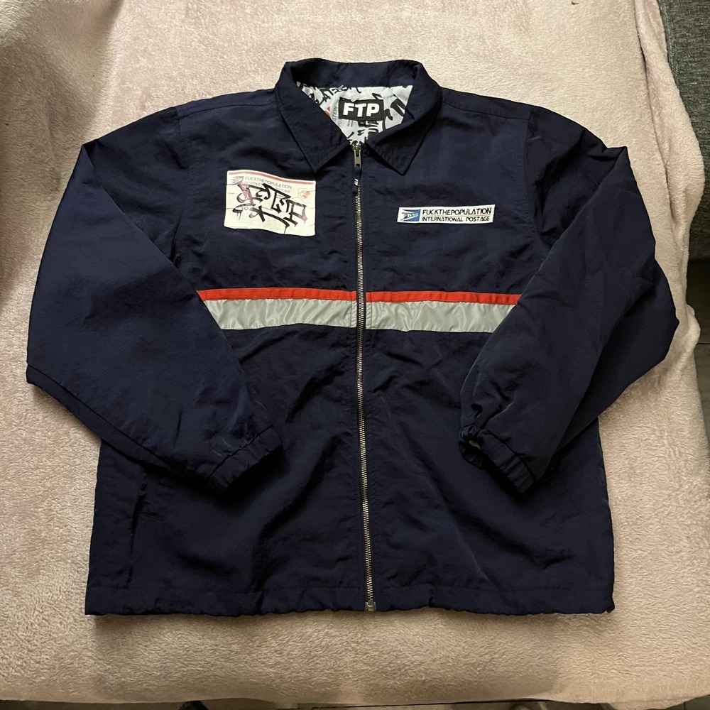 FTP Jacket Mens Medium Blue International Postage Windbreaker Reflective Logo